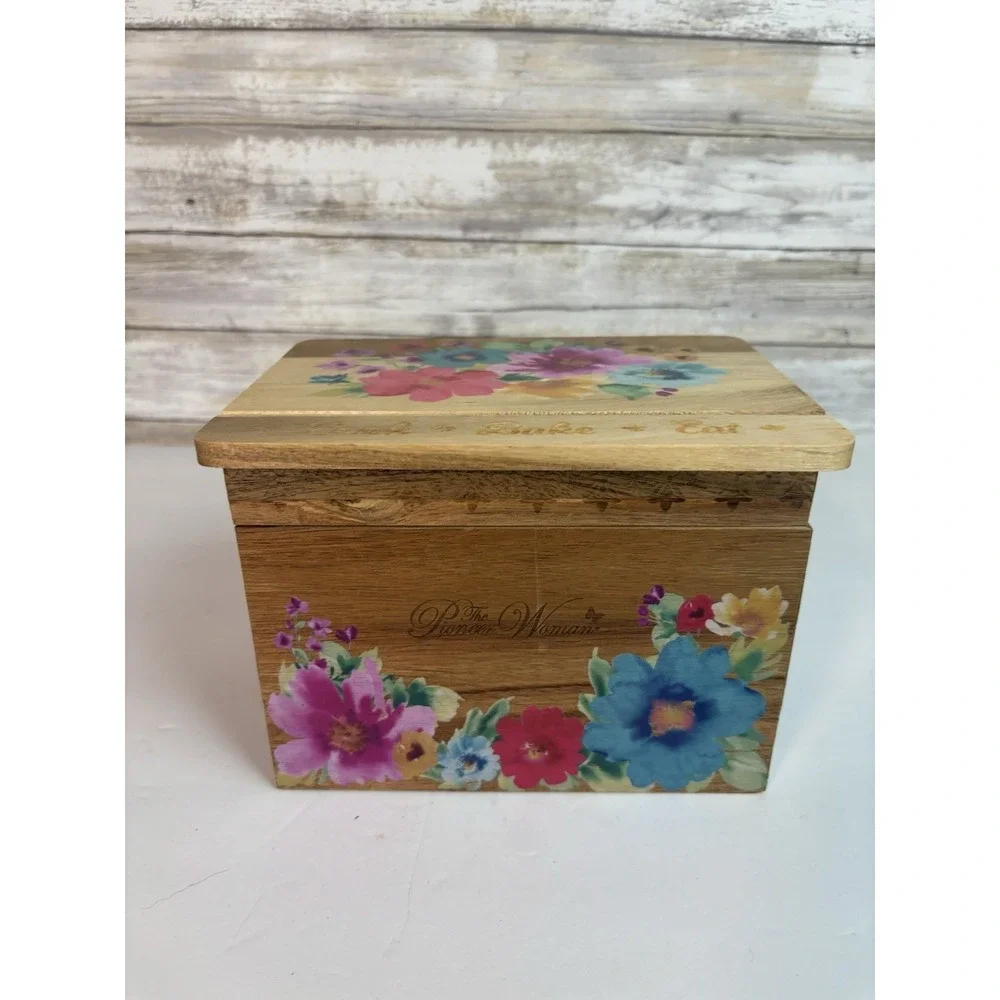 Pioneer Woman‎ Breezy Blossom Acacia Wood Recipe Card Box. Used.